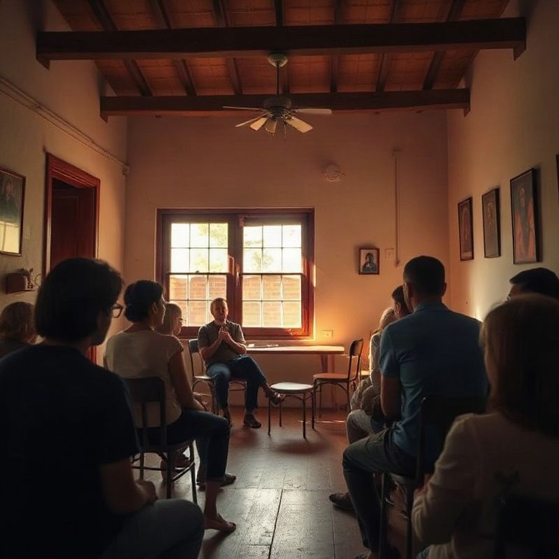Toma amplia y candida de un ensayo de teatro comunitario en un interior informal del interior uruguayo