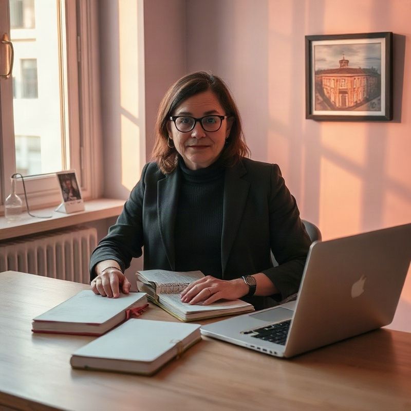 Retrato candido de un periodista en un escritorio con cuadernos y una laptop, luz editorial cálida rosada