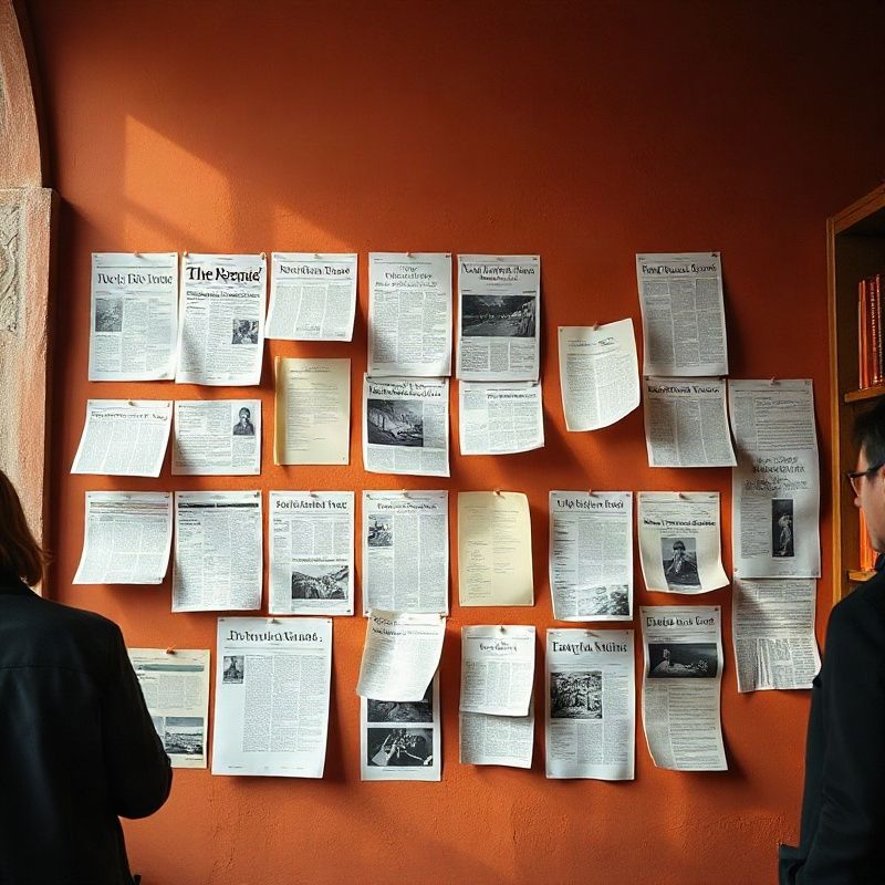 Pared editorial con artículos impresos y notas sobre una superficie pintada en terracota cálida