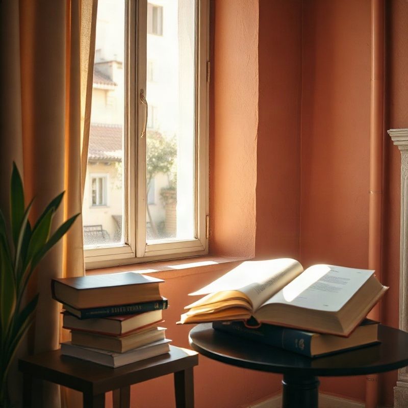 Rincón de lectura interior con tonos terracota y rosa cálido, libros abiertos sobre una mesa auxiliar